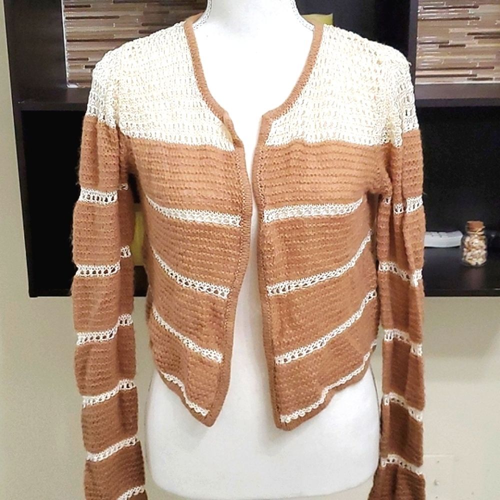 Frenchi Cream & Tan Boho Crochet Striped Cropped Open Cardigan M